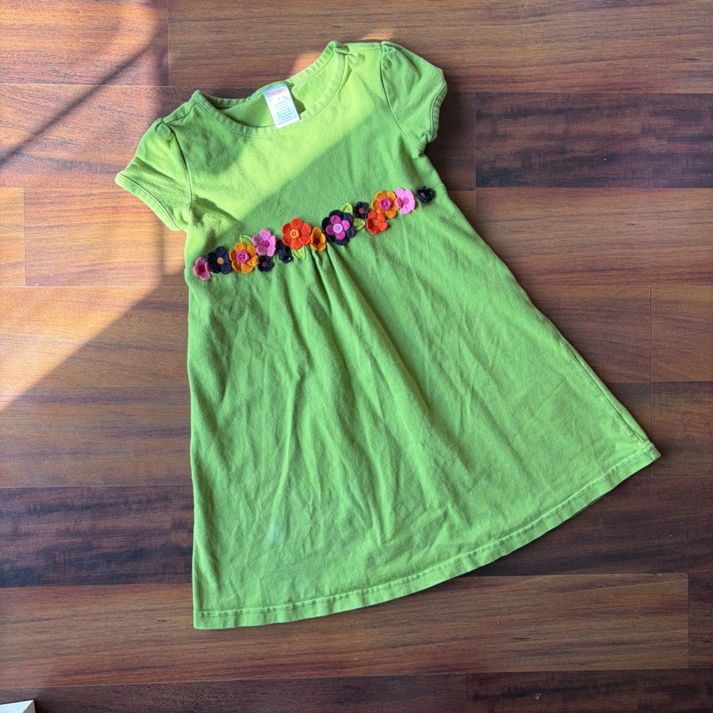 Gymboree Girls Lime Green Felt‎ Flower Applique Cotton Dress Size 4 2008 Retro